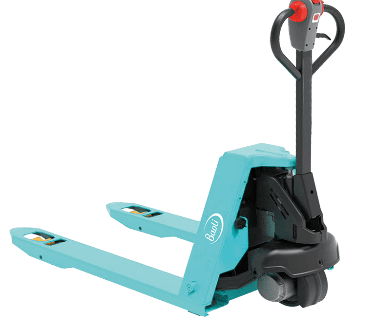 Turquoise manual pallet jack with extended forks and a red-topped control handle, ready to lift and move pallets.